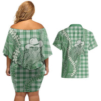 Green Hawaii Palaka Cowboy Turtle Couples Matching Off Shoulder Short Dress and Hawaiian Shirt Hawaiian Paniolo Puakenikeni Maile Lei DT05 - Polynesian Pride