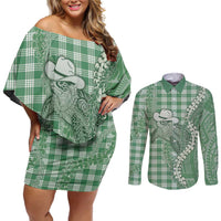 Green Hawaii Palaka Cowboy Turtle Couples Matching Off Shoulder Short Dress and Long Sleeve Button Shirt Hawaiian Paniolo Puakenikeni Maile Lei DT05 Green - Polynesian Pride