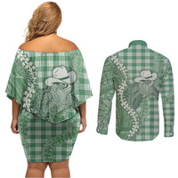 Green Hawaii Palaka Cowboy Turtle Couples Matching Off Shoulder Short Dress and Long Sleeve Button Shirt Hawaiian Paniolo Puakenikeni Maile Lei DT05 - Polynesian Pride