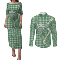 Green Hawaii Palaka Cowboy Turtle Couples Matching Puletasi and Long Sleeve Button Shirt Hawaiian Paniolo Puakenikeni Maile Lei DT05 Green - Polynesian Pride