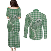 Green Hawaii Palaka Cowboy Turtle Couples Matching Puletasi and Long Sleeve Button Shirt Hawaiian Paniolo Puakenikeni Maile Lei DT05 - Polynesian Pride