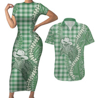 Green Hawaii Palaka Cowboy Turtle Couples Matching Short Sleeve Bodycon Dress and Hawaiian Shirt Hawaiian Paniolo Puakenikeni Maile Lei DT05 Green - Polynesian Pride