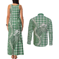 Green Hawaii Palaka Cowboy Turtle Couples Matching Tank Maxi Dress and Long Sleeve Button Shirt Hawaiian Paniolo Puakenikeni Maile Lei DT05 - Polynesian Pride
