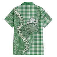 Green Hawaii Palaka Cowboy Turtle Family Matching Off Shoulder Short Dress and Hawaiian Shirt Hawaiian Paniolo Puakenikeni Maile Lei DT05 - Polynesian Pride