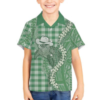 Green Hawaii Palaka Cowboy Turtle Kid Hawaiian Shirt Hawaiian Paniolo Puakenikeni Maile Lei DT05 Kid Green - Polynesian Pride