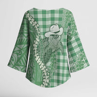 Green Hawaii Palaka Cowboy Turtle Kimono Sleeve Blouse Hawaiian Paniolo Puakenikeni Maile Lei DT05 - Polynesian Pride