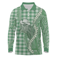 Green Hawaii Palaka Cowboy Turtle Long Sleeve Polo Shirt Hawaiian Paniolo Puakenikeni Maile Lei DT05 Green - Polynesian Pride