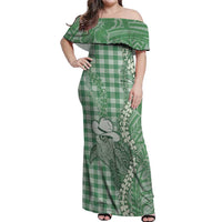 Green Hawaii Palaka Cowboy Turtle Off Shoulder Maxi Dress Hawaiian Paniolo Puakenikeni Maile Lei DT05 Women Green - Polynesian Pride