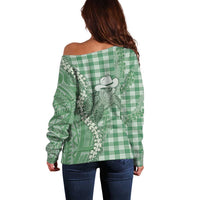 Green Hawaii Palaka Cowboy Turtle Off Shoulder Sweater Hawaiian Paniolo Puakenikeni Maile Lei DT05 - Polynesian Pride