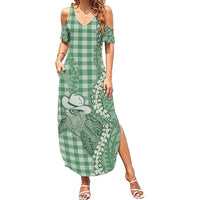 Green Hawaii Palaka Cowboy Turtle Summer Maxi Dress Hawaiian Paniolo Puakenikeni Maile Lei DT05 Women Green - Polynesian Pride
