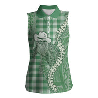 Green Hawaii Palaka Cowboy Turtle Women Sleeveless Polo Shirt Hawaiian Paniolo Puakenikeni Maile Lei DT05 Female Green - Polynesian Pride