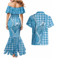 Blue Hawaii Palaka Cowboy Turtle Couples Matching Mermaid Dress and Hawaiian Shirt Hawaiian Paniolo Puakenikeni Maile Lei DT05 - Polynesian Pride