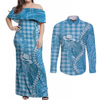 Blue Hawaii Palaka Cowboy Turtle Couples Matching Off Shoulder Maxi Dress and Long Sleeve Button Shirt Hawaiian Paniolo Puakenikeni Maile Lei DT05 Blue - Polynesian Pride