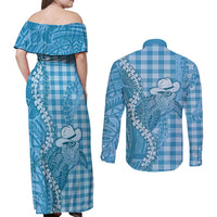 Blue Hawaii Palaka Cowboy Turtle Couples Matching Off Shoulder Maxi Dress and Long Sleeve Button Shirt Hawaiian Paniolo Puakenikeni Maile Lei DT05 - Polynesian Pride