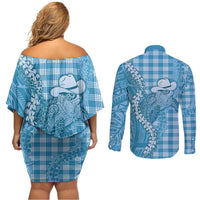 Blue Hawaii Palaka Cowboy Turtle Couples Matching Off Shoulder Short Dress and Long Sleeve Button Shirt Hawaiian Paniolo Puakenikeni Maile Lei DT05 - Polynesian Pride