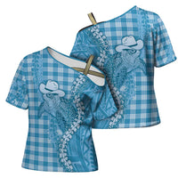 Blue Hawaii Palaka Cowboy Turtle Cross Shoulder Shirt Hawaiian Paniolo Puakenikeni Maile Lei DT05 - Polynesian Pride