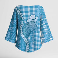 Blue Hawaii Palaka Cowboy Turtle Kimono Sleeve Blouse Hawaiian Paniolo Puakenikeni Maile Lei DT05 - Polynesian Pride