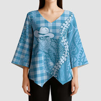 Blue Hawaii Palaka Cowboy Turtle Kimono Sleeve Blouse Hawaiian Paniolo Puakenikeni Maile Lei DT05 - Polynesian Pride