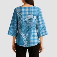 Blue Hawaii Palaka Cowboy Turtle Kimono Sleeve Blouse Hawaiian Paniolo Puakenikeni Maile Lei DT05 - Polynesian Pride