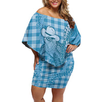 Blue Hawaii Palaka Cowboy Turtle Off Shoulder Short Dress Hawaiian Paniolo Puakenikeni Maile Lei DT05 Women Blue - Polynesian Pride