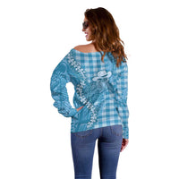 Blue Hawaii Palaka Cowboy Turtle Off Shoulder Sweater Hawaiian Paniolo Puakenikeni Maile Lei - Polynesian Pride