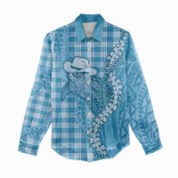 Blue Hawaii Palaka Cowboy Turtle Women Casual Shirt Hawaiian Paniolo Puakenikeni Maile Lei - Polynesian Pride