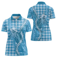 Blue Hawaii Palaka Cowboy Turtle Women Polo Shirt Hawaiian Paniolo Puakenikeni Maile Lei DT05 - Polynesian Pride