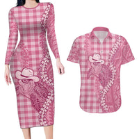 Pink Hawaii Palaka Cowboy Turtle Couples Matching Long Sleeve Bodycon Dress and Hawaiian Shirt Hawaiian Paniolo Puakenikeni Maile Lei DT05 Pink - Polynesian Pride