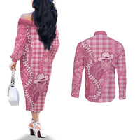 Pink Hawaii Palaka Cowboy Turtle Couples Matching Off The Shoulder Long Sleeve Dress and Long Sleeve Button Shirt Hawaiian Paniolo Puakenikeni Maile Lei DT05 - Polynesian Pride