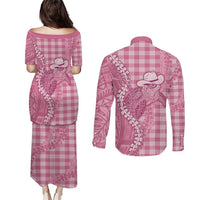 Pink Hawaii Palaka Cowboy Turtle Couples Matching Puletasi and Long Sleeve Button Shirt Hawaiian Paniolo Puakenikeni Maile Lei DT05 - Polynesian Pride