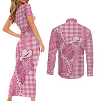 Pink Hawaii Palaka Cowboy Turtle Couples Matching Short Sleeve Bodycon Dress and Long Sleeve Button Shirt Hawaiian Paniolo Puakenikeni Maile Lei DT05 - Polynesian Pride