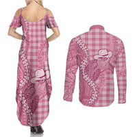 Pink Hawaii Palaka Cowboy Turtle Couples Matching Summer Maxi Dress and Long Sleeve Button Shirt Hawaiian Paniolo Puakenikeni Maile Lei DT05 - Polynesian Pride