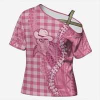Pink Hawaii Palaka Cowboy Turtle Cross Shoulder Shirt Hawaiian Paniolo Puakenikeni Maile Lei DT05 Female Pink - Polynesian Pride