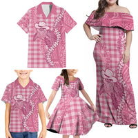 Pink Hawaii Palaka Cowboy Turtle Family Matching Off Shoulder Maxi Dress and Hawaiian Shirt Hawaiian Paniolo Puakenikeni Maile Lei DT05 - Polynesian Pride