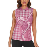 Pink Hawaii Palaka Cowboy Turtle Women Sleeveless Polo Shirt Hawaiian Paniolo Puakenikeni Maile Lei DT05 - Polynesian Pride