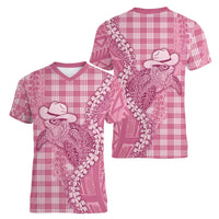 Pink Hawaii Palaka Cowboy Turtle Women V-Neck T-Shirt Hawaiian Paniolo Puakenikeni Maile Lei DT05 - Polynesian Pride