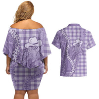 Purple Hawaii Palaka Cowboy Turtle Couples Matching Off Shoulder Short Dress and Hawaiian Shirt Hawaiian Paniolo Puakenikeni Maile Lei DT05 - Polynesian Pride