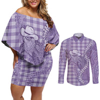 Purple Hawaii Palaka Cowboy Turtle Couples Matching Off Shoulder Short Dress and Long Sleeve Button Shirt Hawaiian Paniolo Puakenikeni Maile Lei DT05 Purple - Polynesian Pride