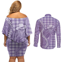 Purple Hawaii Palaka Cowboy Turtle Couples Matching Off Shoulder Short Dress and Long Sleeve Button Shirt Hawaiian Paniolo Puakenikeni Maile Lei DT05 - Polynesian Pride