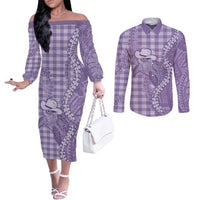 Purple Hawaii Palaka Cowboy Turtle Couples Matching Off The Shoulder Long Sleeve Dress and Long Sleeve Button Shirt Hawaiian Paniolo Puakenikeni Maile Lei DT05 Purple - Polynesian Pride