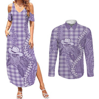 Purple Hawaii Palaka Cowboy Turtle Couples Matching Summer Maxi Dress and Long Sleeve Button Shirt Hawaiian Paniolo Puakenikeni Maile Lei DT05 Purple - Polynesian Pride