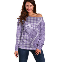 Purple Hawaii Palaka Cowboy Turtle Off Shoulder Sweater Hawaiian Paniolo Puakenikeni Maile Lei DT05 Women Purple - Polynesian Pride