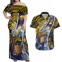 Personalised Tokelau Couples Matching Off Shoulder Maxi Dress and Hawaiian Shirt National Badge Waves Style DT05 Yellow - Polynesian Pride