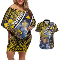Personalised Tokelau Couples Matching Off Shoulder Short Dress and Hawaiian Shirt National Badge Waves Style DT05 Yellow - Polynesian Pride