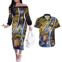 Personalised Tokelau Couples Matching Off The Shoulder Long Sleeve Dress and Hawaiian Shirt National Badge Waves Style DT05 Yellow - Polynesian Pride
