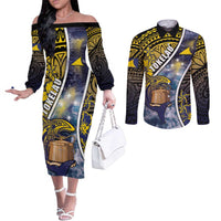 Personalised Tokelau Couples Matching Off The Shoulder Long Sleeve Dress and Long Sleeve Button Shirt National Badge Waves Style DT05 Yellow - Polynesian Pride