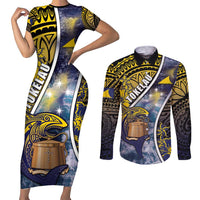 Personalised Tokelau Couples Matching Short Sleeve Bodycon Dress and Long Sleeve Button Shirt National Badge Waves Style DT05 Yellow - Polynesian Pride