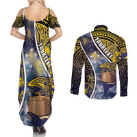 Personalised Tokelau Couples Matching Summer Maxi Dress and Long Sleeve Button Shirt National Badge Waves Style