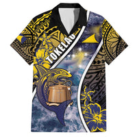 Personalised Tokelau Family Matching Off The Shoulder Long Sleeve Dress and Hawaiian Shirt National Badge Waves Style DT05 Dad's Shirt - Short Sleeve Yellow - Polynesian Pride