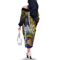 Personalised Tokelau Family Matching Off The Shoulder Long Sleeve Dress and Hawaiian Shirt National Badge Waves Style DT05 - Polynesian Pride